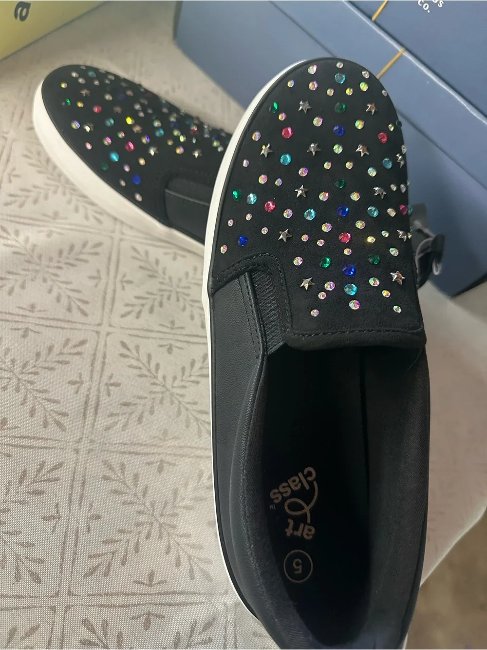 art class Black Slip-On Sneakers with Multicolor Rhinestones